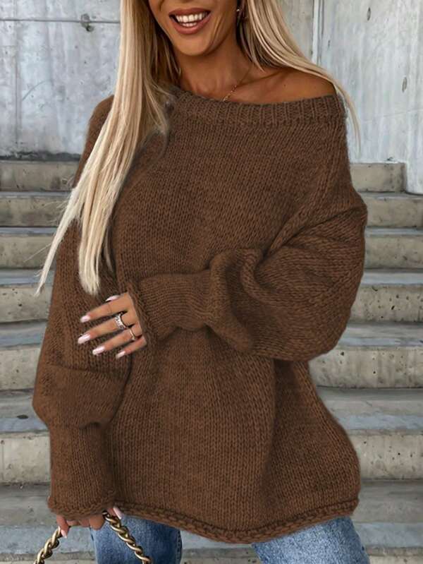 Ladies Casual Fashion One-Shoulder Lantern Sleeve Knitted Wide Collar Loose Sweater