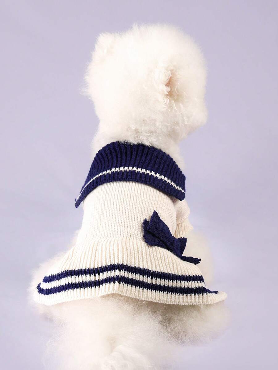 1 件宠物服装，狗/猫服装，小型犬/幼犬服装，可爱宠物服装，狗/猫服装，小型犬秋冬保暖舒适针织裙 - 海军蓝条纹