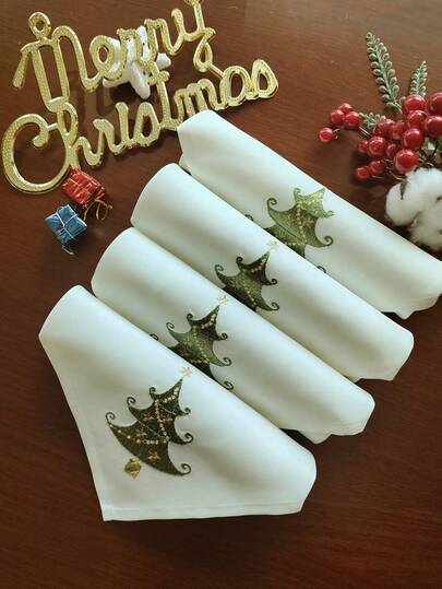 1 peça/2 peças/4 peças de guardanapos bordados com design de árvore de Natal, cor verde e dourada, tecido 100% poliéster, adequados para decoração de casa, cozinha, mesa de jantar, escrivaninha, penteadeira, decoração de quarto, decoração de feriado, sala de estar, quarto, quintal, móveis para área externa, camping, vila, festa, casamento