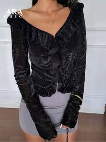 ARA CHIC Women's Black Lace Mesh Long Sleeve Fitted V-Neck Undershirt, Fashionable Layering Piece Suitable For Gatherings, Parties, Birthdays, Spring New Arrival - View 4