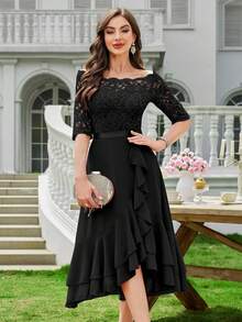 MIUSOL Elegant Women's Floral Lace Boat Neck Contrast Black Chiffon Midi Swing Dress, Half Sleeves Asymmetrical Ruffle Flowy Hem, For Wedding Guest, Cocktail Party, Evening Or Formal Event - màu đen - Xem 1