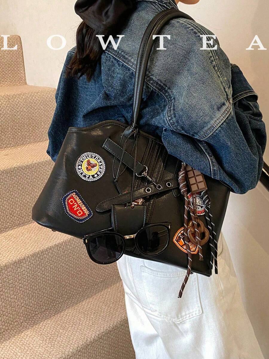low tea 1 pieza Bolso de hombro de mujer de unicolor de piel de PU, bolso de hombro de moda vintage casual con asas duales y cierre con cremallera, adecuado para salidas diarias, citas, ir al trabajo, incluye colgante