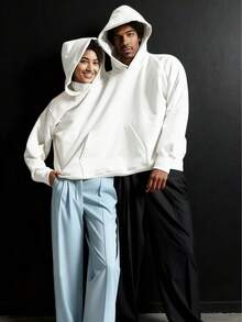 闺蜜/情侣必备，女士独特长袖连帽卫衣，双帽设计，宽松版型，长款，均码，适合秋冬季节，休闲/简约/Y2K/办公/可爱风格，日常、度假、上学、居家、街头皆宜。 - 白色 - 查看 7