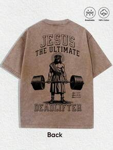 1 PCS Religious & Fitness "Jesus The Ultimate Deadlifter" Graphic Tee: Featuring Distressed Vintage Finish, Front "JESUS" Letter Print, Back Artistic Illustration Of Jesus Lifting Barbell With Bold "JESUS THE ULTIMATE DEADLIFTER" Text, Crafted From Breathable 100% Cotton, Perfect For Infusing Spiritual, Nostalgic, And Sporty Vibes Into Outfits During Easter Celebrations, Church Events, Or Gym/Daily Wear, Christmas & Halloween & Thanksgiving Day & Valentine's Day & Pride & Father's Day & Easter & Mother's Day & New Year & Spring Festival, Men's Round Neck Printed Short Sleeve Casual Everyday T-Shirt, They Are Excellent Gifts For Friends And Family, 100% Cotton T-Shirts Feature, A Youthful And Fashionable Design, Graphic Tees Men, Graphic Tees Women, Cachorro Feliz, Back To School - 咖啡棕 - 查看 2
