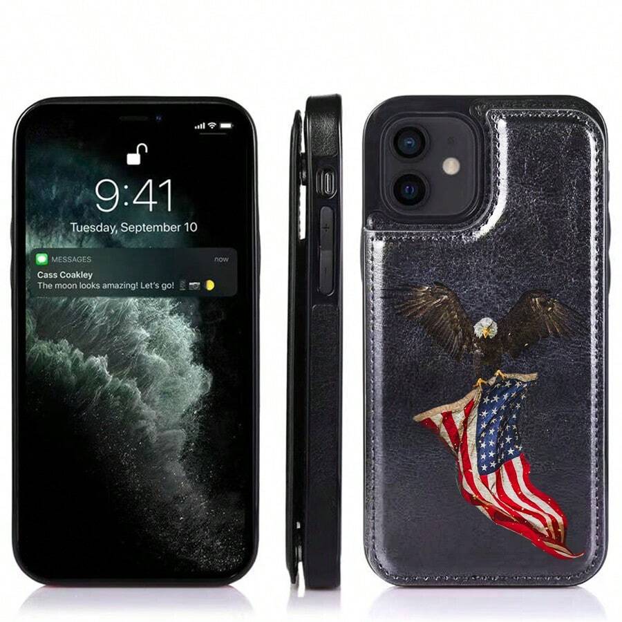 Eagle Flag Patriotic Pattern Faux Leather Wallet Case For IPhone 17/16 Pro Max/15/14/13/12/11/ Galaxy Phone Cases|Slim Shockproof TPU With 3 Card Slots|Gift Idea- Replace Your Wallet - màu đen - Xem 1