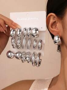 2-6-18pcs/Set Fashionable Silver Geometric Twist C-Shape Teardrop Hoop Earrings Set, Versatile Stoned-Free Earrings For Daily Wear And Gift