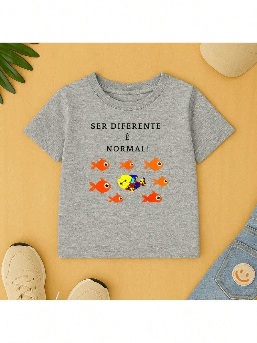 Camiseta Algodão Infantil Ser Diferente é Normal Blusa Gola Redonda Manga Curta - Cinza - Visão 1