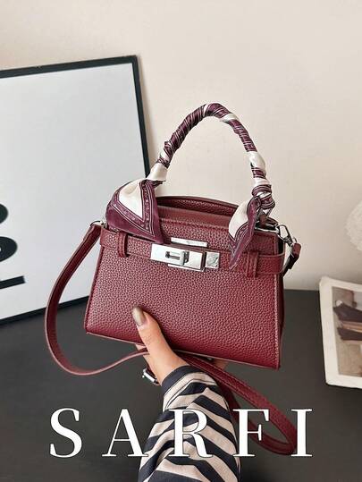 Burgundy Women's Handbag, Fashion High-End Shoulder Strap Design, Distinctive Scarf Decor Shoulder Bag, High-End Metal Decor Adjustable Shoulder Strap Crossbody Bag, Autumn/Winter , Burgundy Bag
