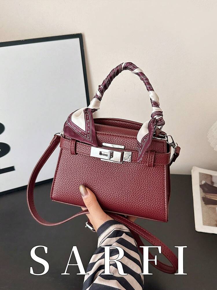 Burgundy Women's Handbag, Fashion High-End Shoulder Strap Design, Distinctive Scarf Decor Shoulder Bag, High-End Metal Decor Adjustable Shoulder Strap Crossbody Bag, Autumn/Winter , Burgundy Bag - Burgundy - View 1