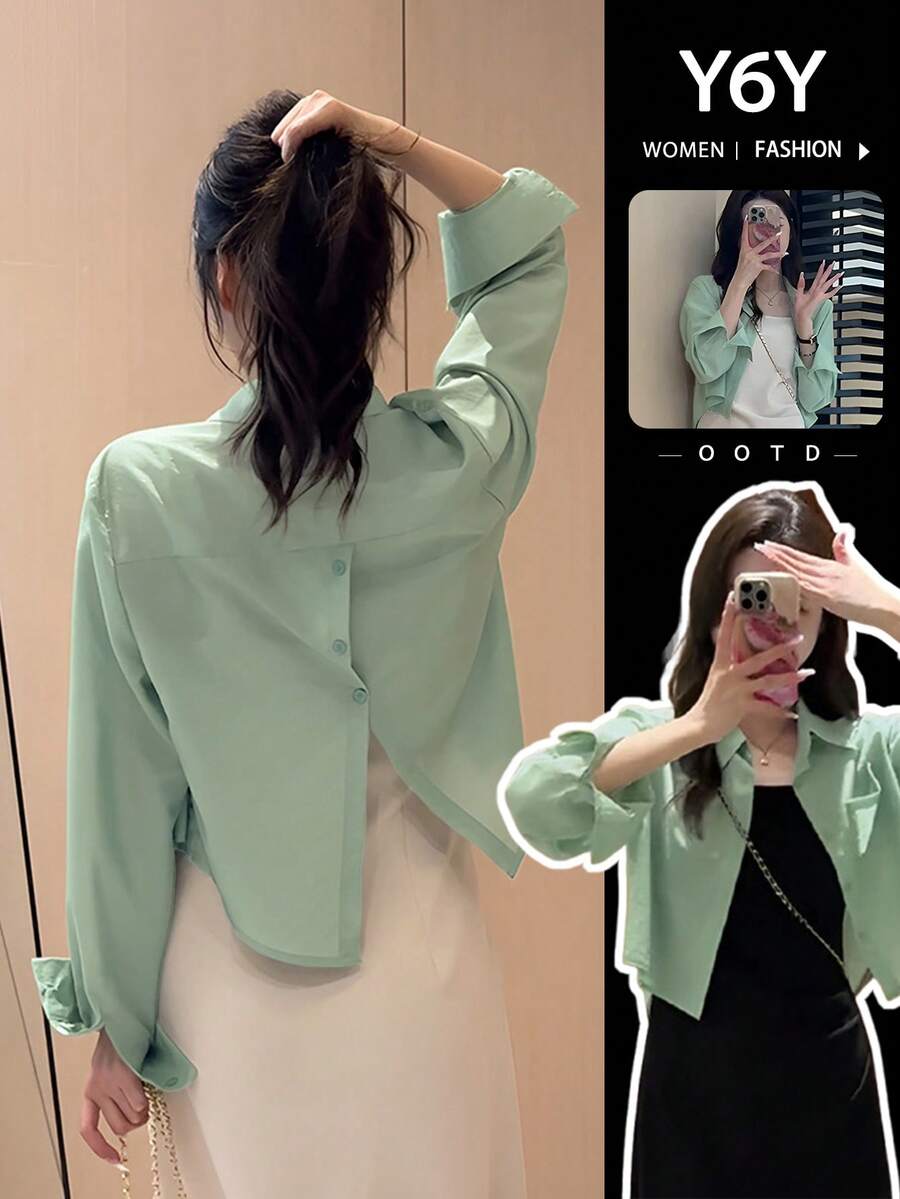 [Y6Y] Áo sơ mi nữ tay dài dáng lửng cổ polo xẻ tà sau, thanh lịch, thích hợp mặc hàng ngày vào mùa xuân. - màu xanh lá - Xem 1