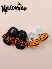 2 双婴儿棉质踝袜，万圣节骷髅设计黑白中筒袜，适合万圣节活动 - 彩色 - 查看 7