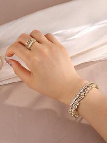 rakol Set de 2 piezas de anillo y pulsera con decoración asimétrica de circonita cúbica de moda - Dorado - Ver 5