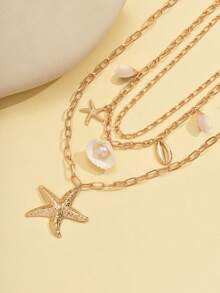 3pcs/Set Fashionable Summer Vacation Style Natural Shell, Seashell & Starfish Pendant Necklace For Women, Suitable For Beach & Seaside Holiday. Natural Shell And Seashell Surface Patterns And Sizes Are Random. - Golden - View 3