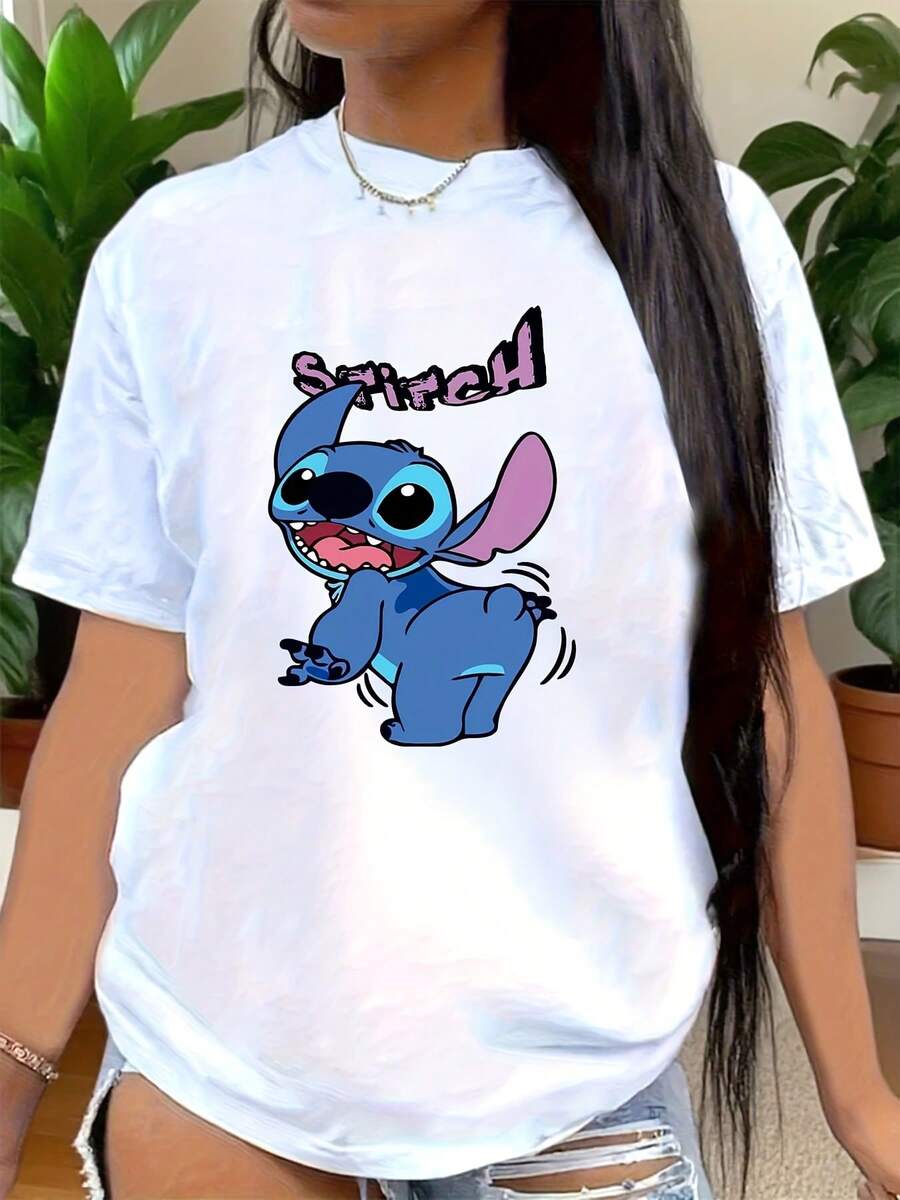 Stitch T-Shirt, Disneyland Shirt,  Stitch Butterfly Pattern T-Shirt, Cute Stitch Flowers Print Tee,  Cartoon Stitch And Flowers Butterfly Top, Comfortable And Fit, Perfect For Daily Wear, 220g - 白色 - 查看 1