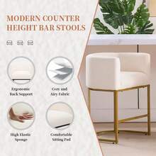 26" Counter Height Bar Stools Set Of 2, Modern Fabric Upholstered Barrel Bar Chairs With Backrest & Armrests, Black Metal Frame Accent Stools For Kitchen Island, Golden Leg - 金色 - 查看 3