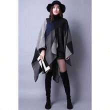 Women's Warm Shawl Wrap Cape Winter Cardigan Sweaters Open Front Poncho - A1-黑色 - 查看 2