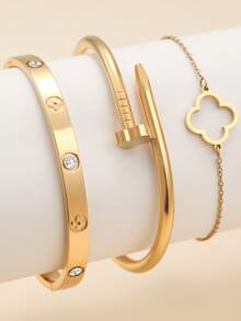 Fashionable European And American Four-Leaf Clover Shaped Zirconia Inlaid Women's Bracelet Set, Suitable For Multiple Occasions, Can Be Stacked, Also Suitable As A Gift For Friends - Yellow Gold - View 7