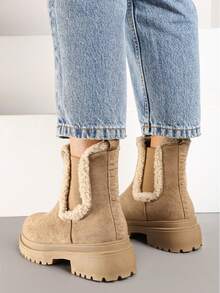 Botas femininas quentes e confortáveis de sola grossa, outono/inverno - Caqui - Ver 3