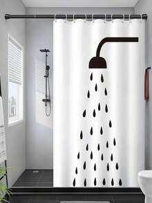 Madebyblanc Thickened Bathroom Shower Curtain With Black Shower Head Pattern, Waterproof, Mildew & Mold Resistant, Suitable For Shower, Blocking And Separation, No Need For Drilling Home Bathroom Decor Fall Decor Bathroom Accessories Back To School - Black and White - View 15