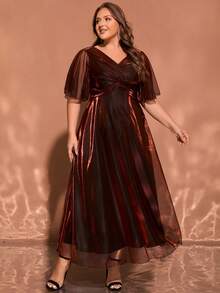 Women's Elegant Ombre Cocktail Party Dress, Formal Maxi Gown With High Slit, Criss-Cross Ruffle Hem, Metallic Fabric, Suitable For Formal Events, Weddings, Galas, Concerts, Parties In Spring, Summer, Autumn, Christmas - Burgundy - View 5