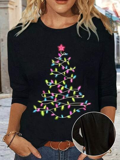 Women's Christmas Tree Light Round Collar Casual Long-Sleeved Shirt, The Perfect Christmas Clothing, Suitable For Autumn