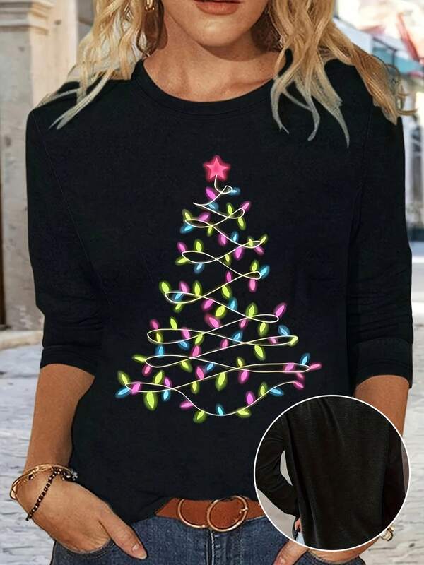 Women's Christmas Tree Light Round Collar Casual Long-Sleeved Shirt, The Perfect Christmas Clothing, Suitable For Autumn