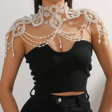 1入女士純手工製作白色假珍珠連身鏈，適用於婚禮、派對、時裝展、禮品，波浪風格