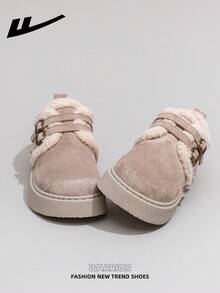 1 Pair WARRIOR Women's Autumn/Winter Warm Sports Shoes, Lace-Up Soft Sole Casual Shoes, Low-Top Outdoor Flat Shoes, Thick Sole Commuter Shoes, Round Toe Low Heel Non-Slip Solid Color Elegant Soft Bottom Hiking Suitable For Students Graduation Photos Flat Shoes, Low-Top Leather Sports Skateboard Shoes For Women - Beige - View 3