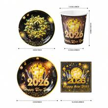 圣诞主题金色 2026 新年快乐一次性餐具套装，7 英寸/9 英寸金色 2026 新年快乐一次性纸盘、餐巾、杯子派对用品，生日快乐一次性盘子、杯子、餐巾、派对装饰品、一次性派对、生日派对聚会、礼品派对、庆祝装饰和礼品 - 彩色 - 查看 2