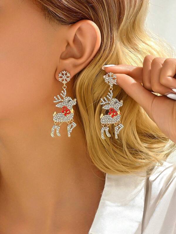 1 Paar minimalistische, niedliche Metall-Ohrringe mit Schneeflocken- und Rentier-Anhängern, Weihnachts-Ohrschmuck-Accessoires für den Winter