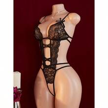 Y Hollow Out Deep V-Back Buckle Jumpsuit, Erotic Clothing, Jumpsuit Sleepwear With Open Crotch And Exposed Breasts, Women's Clothing In Three Colors, Optional Bow Decoration, Adjustable Shoulder Straps,  Clothing - 黑色 - 查看 9
