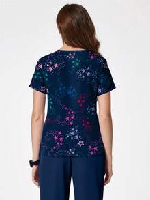 cimmuovere Women's Nursing V-Neck Short Sleeve Digital Star Print Scrubs Tops, Nursing Workwear For Dentist, Healthcare, Pet Hospital, Laboratory - Navy Blue - View 4