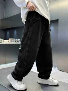Tween Boy Fashionable Casual Washed Cartoon Embroidered Denim Jeans - Black - View 2