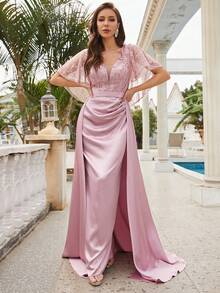 蕾丝花边袖亮片拼布缎面及地正式晚礼服 - 粉色 - 查看 4