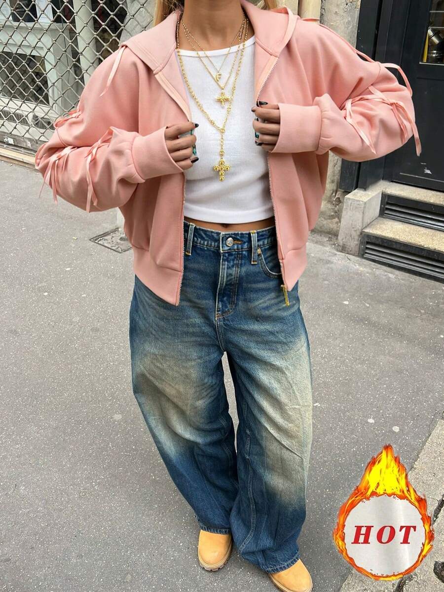 HoloChill Women's Casual Style Bow Tie Loose Fit Long Sleeve Hoodie Sweatshirt, Pink, 2025 Autumn/Winter New Arrival