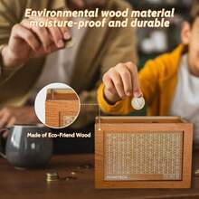 1pc MONEYBOX - Save Up To $3,000, Wooden Cash Saving Box, Money Storage Organizer, Cash/Coin 2-Sided Piggy Bank, Handcrafted Money Jar, Natural Wood Material Box - màu nâu - Xem 4