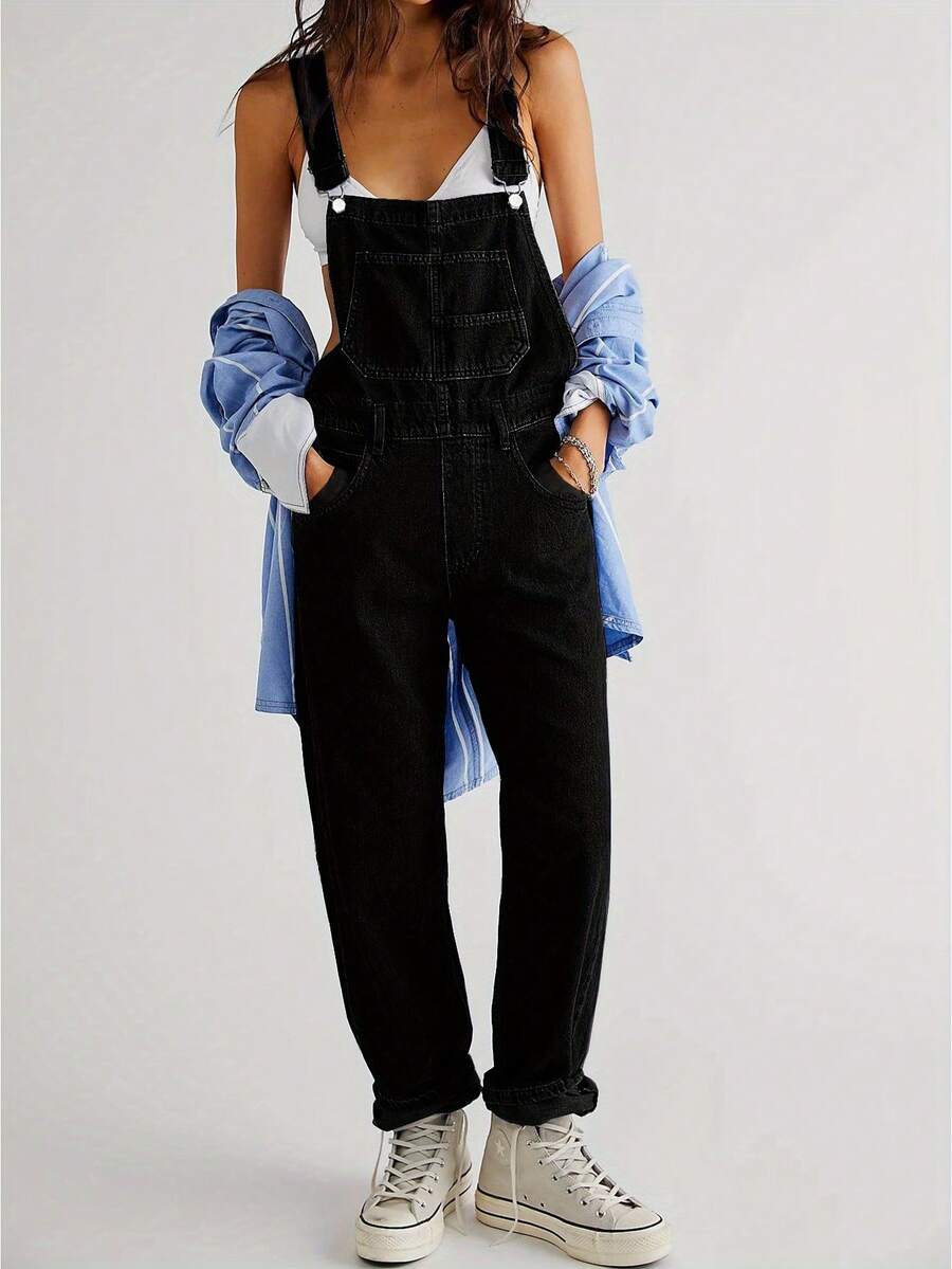 Women's Plain Denim Overalls Long Casual Sleeveless With Straps Button Pocket Zipper Details Medium Stretch Fabric For A Relaxed Fit - 黑色 - 查看 1