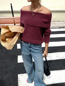 Women's Casual Comfortable Romantic Retro Modern Commute Office Teacher Solid Color Christmas New Year Knitted Off-Shoulder Pullover Sweater, Suitable For Daily, Holiday, Christmas, New Year, Office, Date, Street, Travel, Back To School, Party, Airport, Sports & Fitness, Beach, Evening, Spring, Autumn, Winter