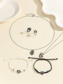 ATLVXJL 6件套夜光情侣/友谊爱心、彩虹、双心吊坠项链、手链、戒指套装，休闲佩戴及情人节礼物 - 彩色 - 查看 7