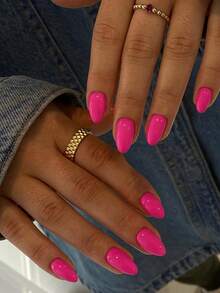 24pcs Bright Pink Press-On Nails, Short Oval Shaped Nails, Fluorescent Color Fake Nails, Handmade Acrylic Gel False Nails, Thickened Dusty Rose Short Almond Shaped Nails Suitable For All Fingers Nail Supplies - Hot Pink - View 7