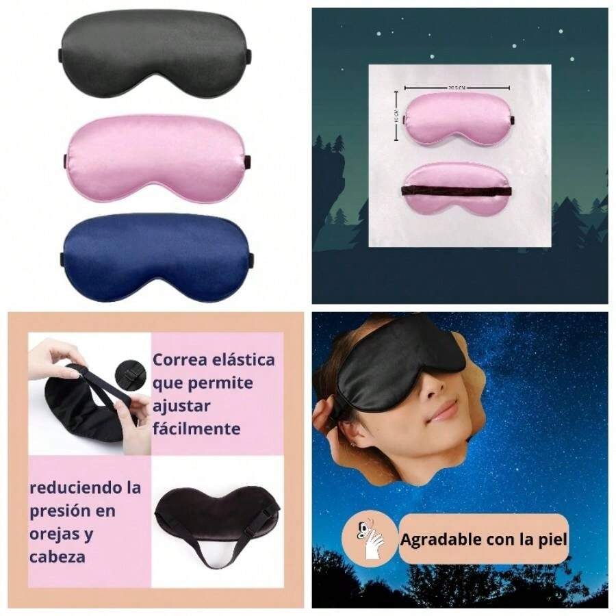 Pack con 3 antifaces para dormir en colores: negro, rosa y azul marino. Mascara de sueo tipo seda. El antifaz cubre suave y cmodamente los ojos y tiene correa ajustable. Apto para hombre y mujer. - Negro, Rosa, Azul Marino - Ver 1