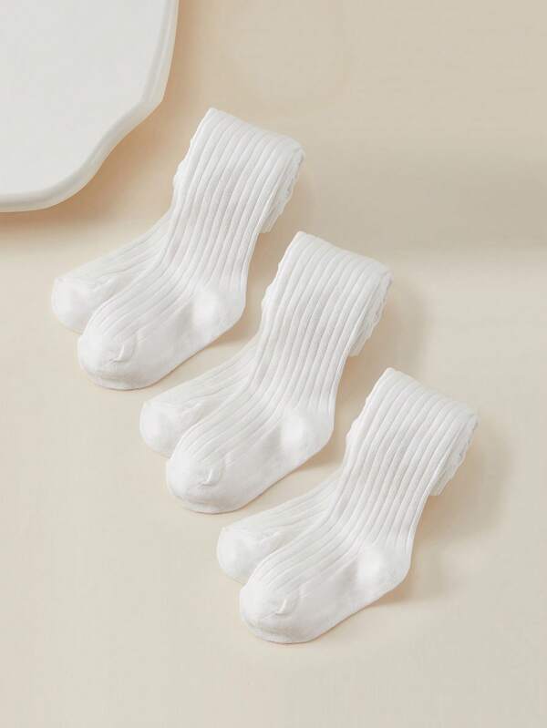 3 piezas Leggings de unicolor para niños, aptos para uso diario, mallas casuales de rayas verticales versátiles para niñas, para todas las estaciones