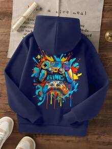 1pc Tween Boy Casual Printed Pullover Sweatshirt, Thermal Lined, Long Sleeve, Autumn/Winter - Navy Blue - View 3