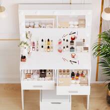 Devoko Dressing Table With Stool, 90 X 40 Cm Vanity Unit With Large Mirror, 2 Drawers, Modern Dressing Table, White - White - View 5