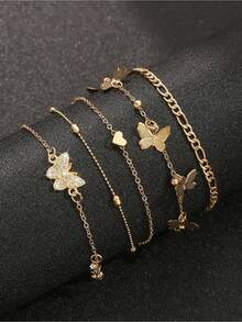 4pcs Set Elegant Butterfly, Heart, Minimalist Beaded Multilayer Anklet, Adorned With Shiny Faux Diamonds, Vintage Bohemian Style Foot Jewelry, Suitable For Summer Vacation, Beach Party, Sexy Bikini Wear - Vàng - Xem 4