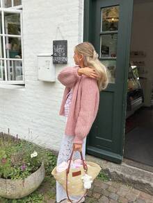 Sookaug Fashion Versatile Autumn/Winter Premium Knit Cardigan Sweater Jacket For Women, Loose Casual Top, Women's Pink Ribbed Knit Cardigan, Autumn Long Sleeve Round Neck Knit Sweater, Regular Length Slightly Elastic, Autumn Outfit Essential - Pink - View 7