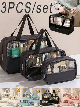 3pcs/Set Waterproof Toiletry Bag, Multi-Functional Cosmetic Bag, PVC Transparent Storage Bag, Makeup Brush Holder, Cosmetic Organizer, Travel Essentials For Autumn/Winter, Beach Bag, Handbag, Cosmetic Bag, Tote Bag, Suitable For Skincare, Makeup, Bathroom Storage, Lipstick, Makeup Brushes, Shampoo, Toothbrush, Curling Iron Wash Bag For Travel For Bathroom Large Capacity Makeup Bag For Men For Women