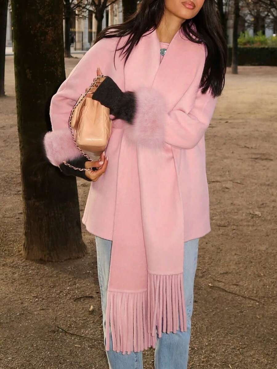 2pcs Women's Elegant Pink Windbreaker Jacket Cloak Coat And Tassel Scarf Set, Suitable For Commuting In Autumn/Winter - Pink - View 1