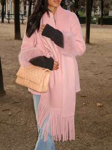 2pcs Women's Elegant Pink Windbreaker Jacket Cloak Coat And Tassel Scarf Set, Suitable For Commuting In Autumn/Winter - Pink - View 4