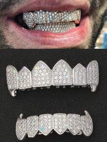 1 件铜方晶锆石牙套，男女通用嘻哈风格牙齿饰品，适合派对、万圣节、角色扮演 - 銀色 - 查看 2